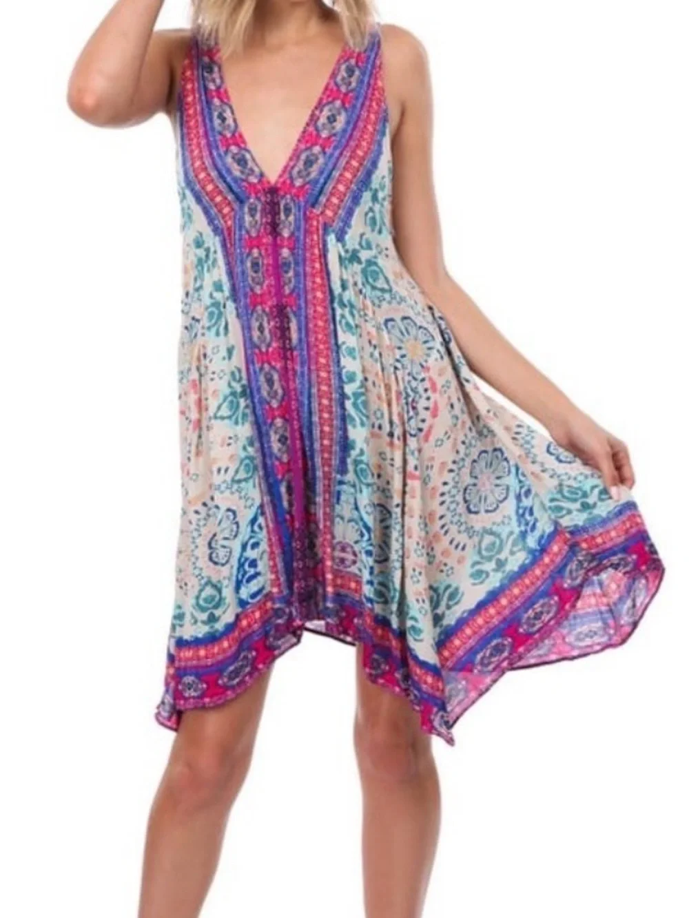 Free People Cream Floral Midi Dress with Blue and Pink Accents - Picture 1 of 7